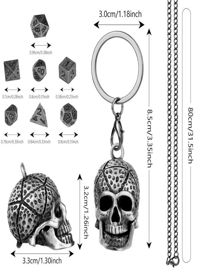 Keller & Weber Mini DND Dice Set with Skull Head Metal Cage Portable Keychain Necklace, Tiny 7pcs Polyhedral D&D Dice Set, DND Gifts with Gift Box, Role Playing Board Games Accessories, Silver, Dark Silver - Image 5